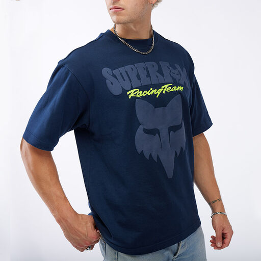 Male model wearing the new Online Exclusive Fox Racing Super Trick Collection