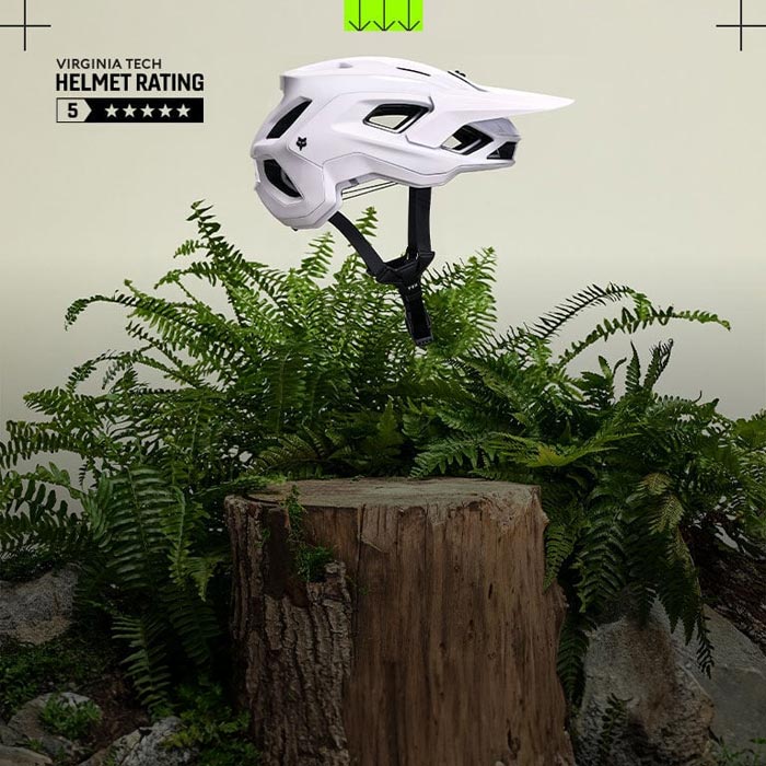 New Speedframe Helmet with plants in the background as well as the Virginia Tech Helmet Rating with 5 stars on the top left.