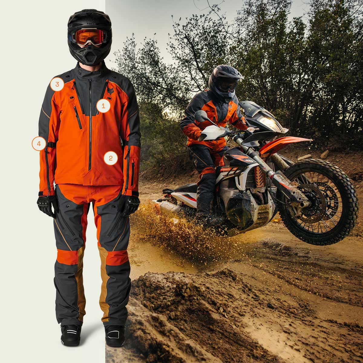 A model wearing the Defend Adventure gear stands next to a rider wearing the same kit, doing a wheelie on a muddy trail.